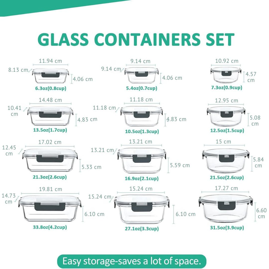 24-Piece Airtight Glass Food Storage Set – Kitchen Organization, Meal Prep