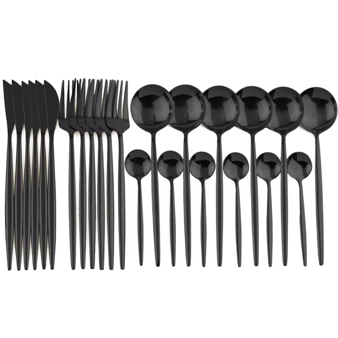24-Piece Black Stainless Steel Cutlery Set – Dining, Gift