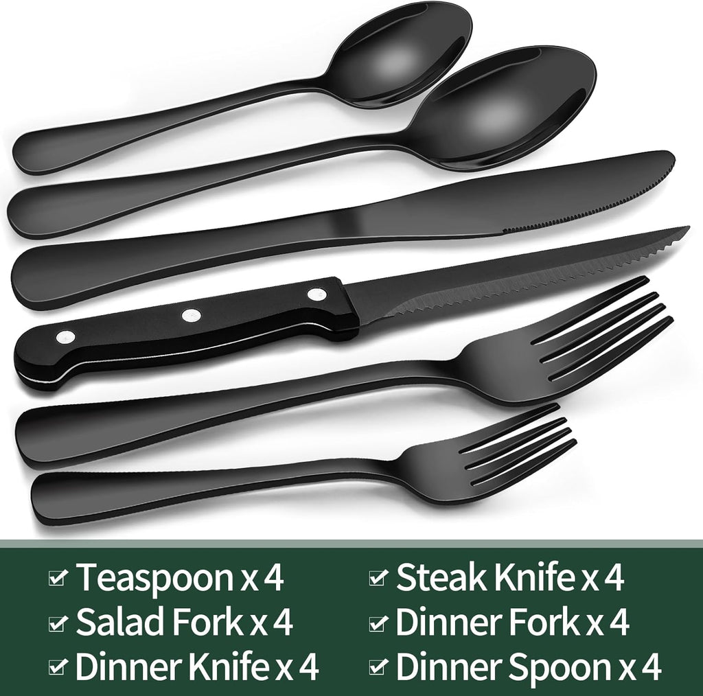 24-Piece Black Stainless Steel Cutlery Set – Dining, Gift