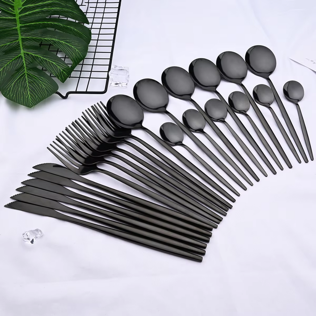 24-Piece Black Stainless Steel Cutlery Set – Dining, Gift