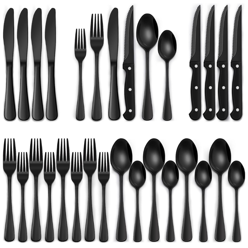 24-Piece Black Stainless Steel Cutlery Set – Dining, Gift