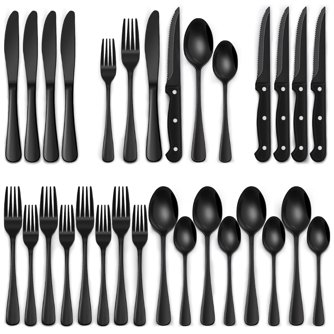 24-Piece Black Stainless Steel Cutlery Set – Dining, Gift