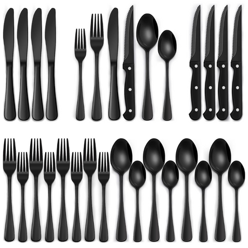 24-Piece Black Stainless Steel Cutlery Set – Dining, Gift