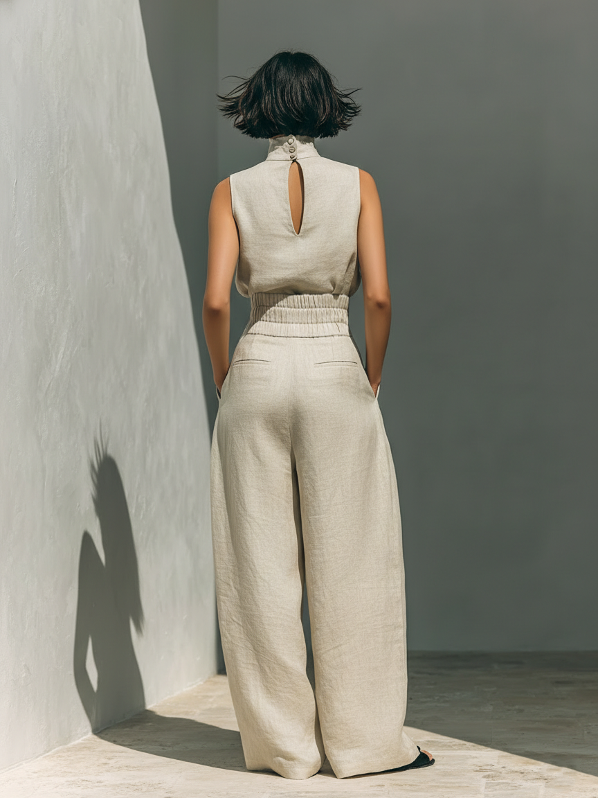 Beige Cotton Linen Blend Sleeveless Blouse and Wide-leg Trousers Set Women UK – Smart Casual Holiday Outfit, Brunch