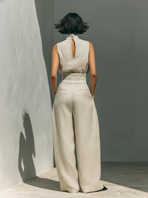 Beige Cotton Linen Blend Sleeveless Blouse and Wide-leg Trousers Set Women UK – Smart Casual Holiday Outfit, Brunch