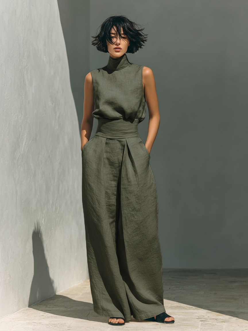 Beige Cotton Linen Blend Sleeveless Blouse and Wide-leg Trousers Set Women UK – Smart Casual Holiday Outfit, Brunch