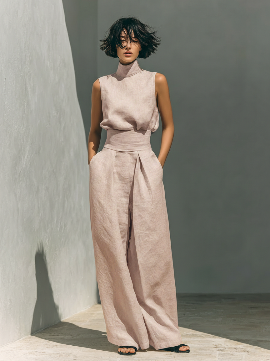 Beige Cotton Linen Blend Sleeveless Blouse and Wide-leg Trousers Set Women UK – Smart Casual Holiday Outfit, Brunch