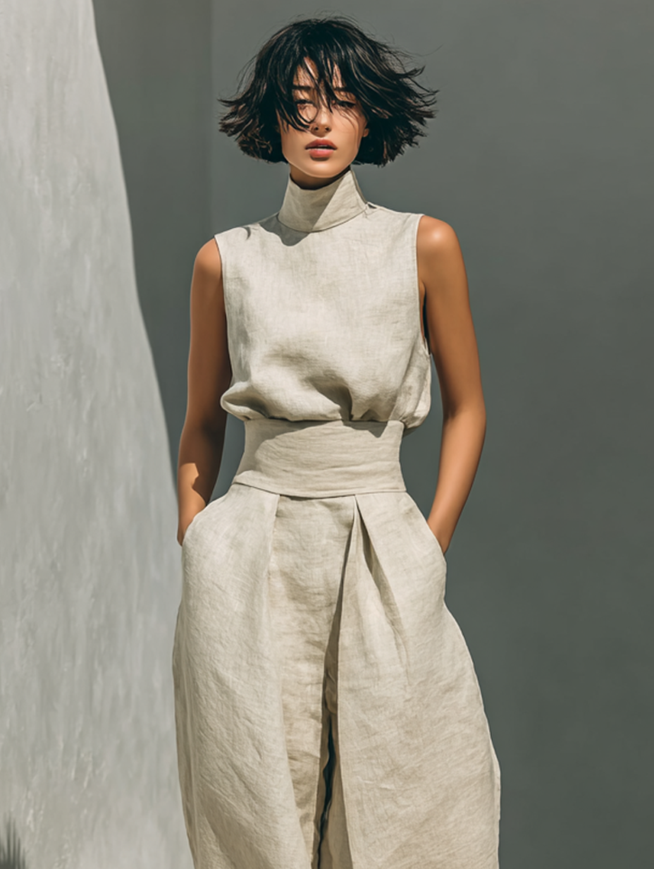 Beige Cotton Linen Blend Sleeveless Blouse and Wide-leg Trousers Set Women UK – Smart Casual Holiday Outfit, Brunch