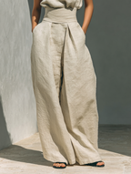 Beige Cotton Linen Blend Sleeveless Blouse and Wide-leg Trousers Set Women UK – Smart Casual Holiday Outfit, Brunch