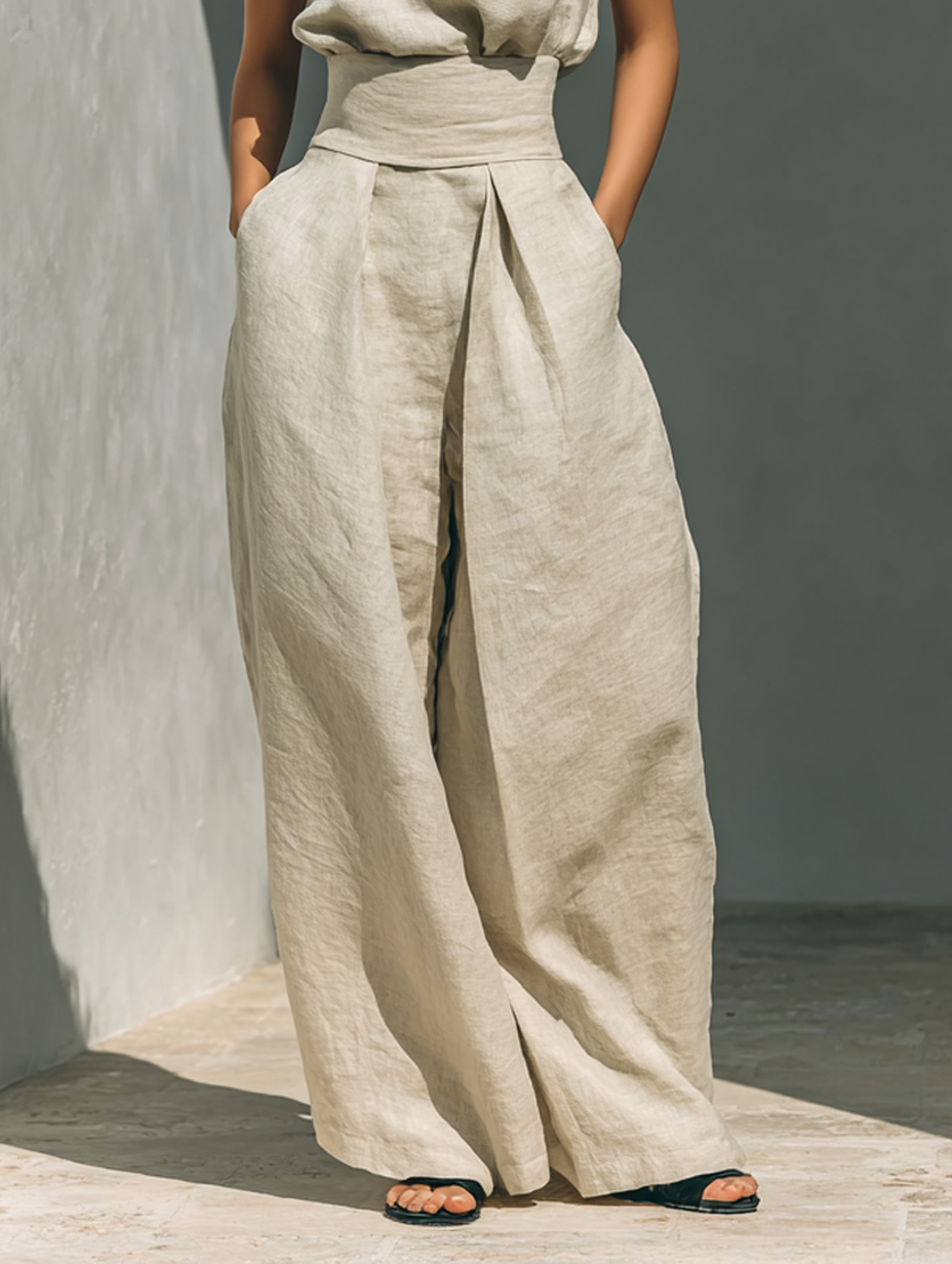 Beige Cotton Linen Blend Sleeveless Blouse and Wide-leg Trousers Set Women UK – Smart Casual Holiday Outfit, Brunch