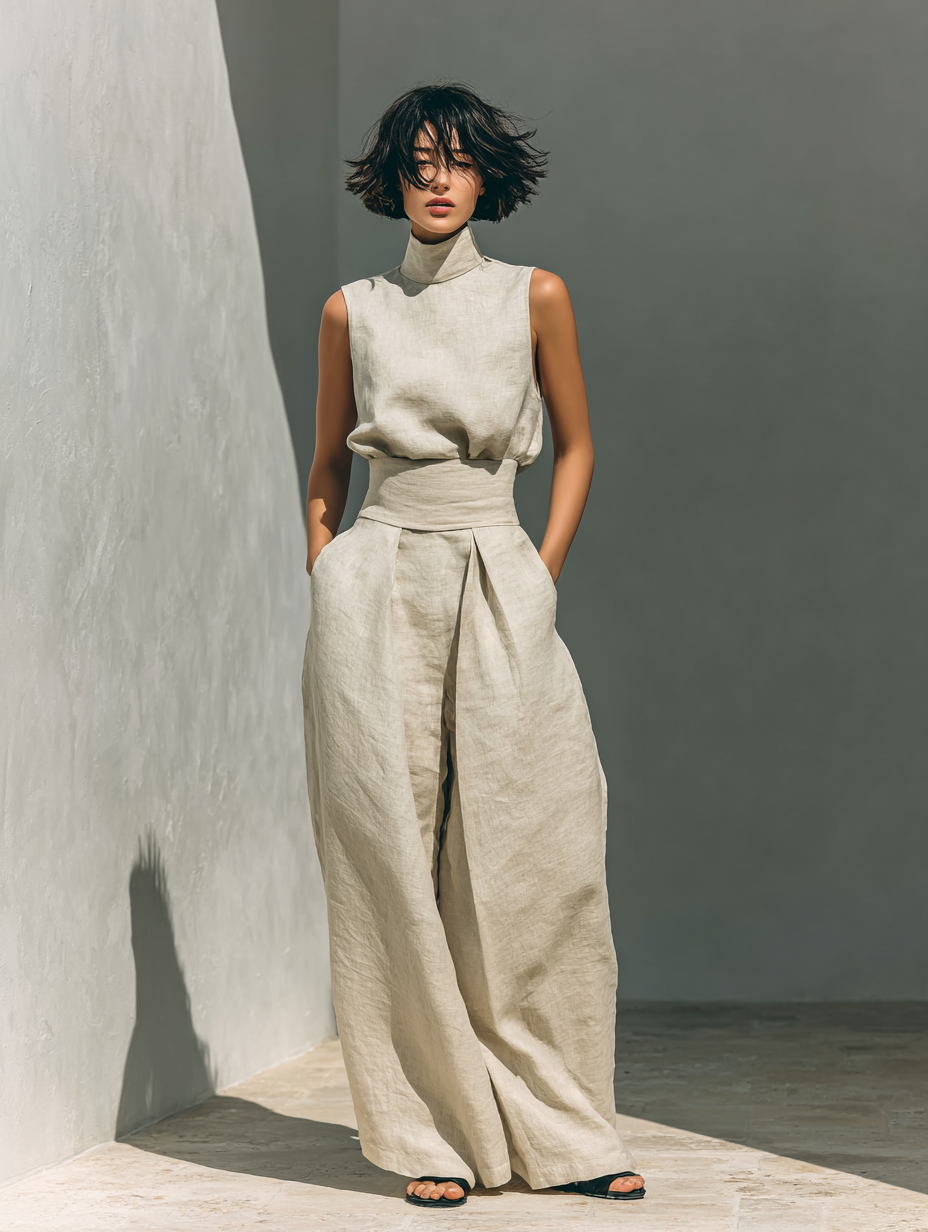 Beige Cotton Linen Blend Sleeveless Blouse and Wide-leg Trousers Set Women UK – Smart Casual Holiday Outfit, Brunch