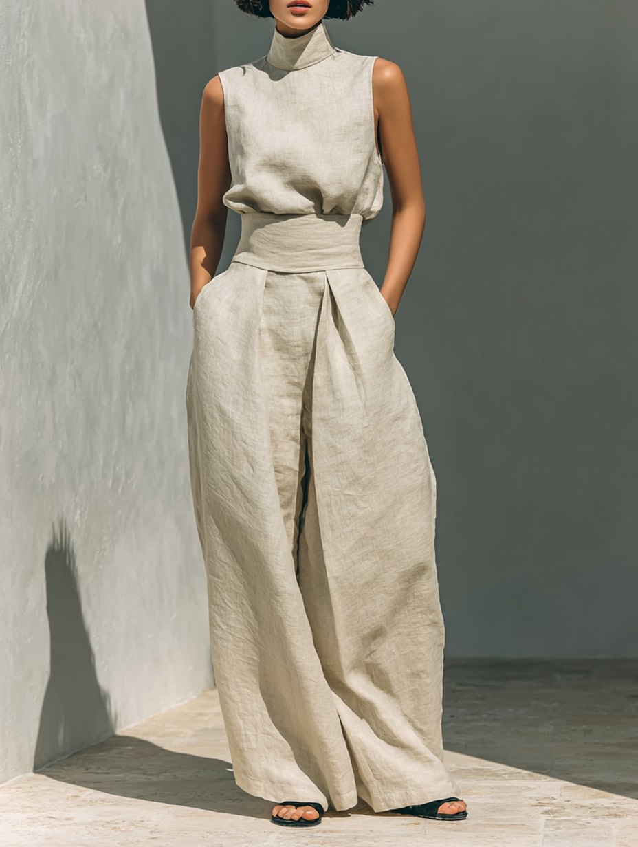 Beige Cotton Linen Blend Sleeveless Blouse and Wide-leg Trousers Set Women UK – Smart Casual Holiday Outfit, Brunch
