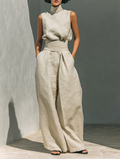 Beige Cotton Linen Blend Sleeveless Blouse and Wide-leg Trousers Set Women UK – Smart Casual Holiday Outfit, Brunch