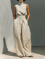 Beige Cotton Linen Blend Sleeveless Blouse and Wide-leg Trousers Set Women UK – Smart Casual Holiday Outfit, Brunch