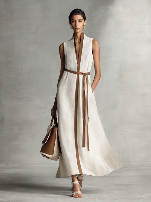 Beige Cotton Linen Maxi Dress Women UK – Sleeveless V-Neck Tie-Waist Dress, Garden Party & Resort Holiday