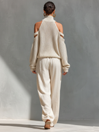 Beige Knit Fabric Cold-Shoulder Turtleneck Top & Wide-Leg Trousers Set Women UK – Smart Casual Holiday Outfit, Brunch