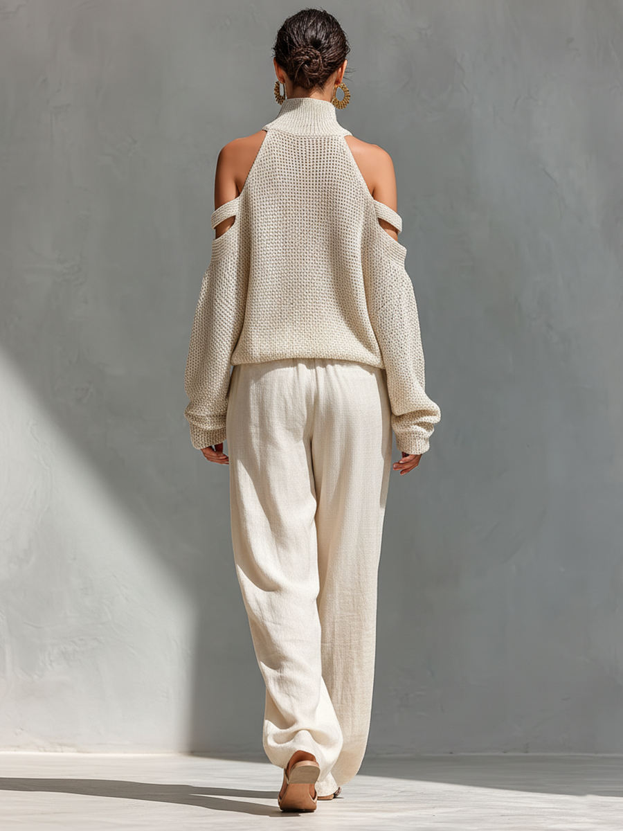 Beige Knit Fabric Cold-Shoulder Turtleneck Top & Wide-Leg Trousers Set Women UK – Smart Casual Holiday Outfit, Brunch