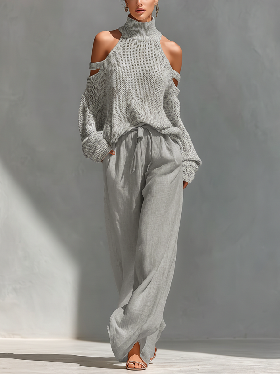 Beige Knit Fabric Cold-Shoulder Turtleneck Top & Wide-Leg Trousers Set Women UK – Smart Casual Holiday Outfit, Brunch