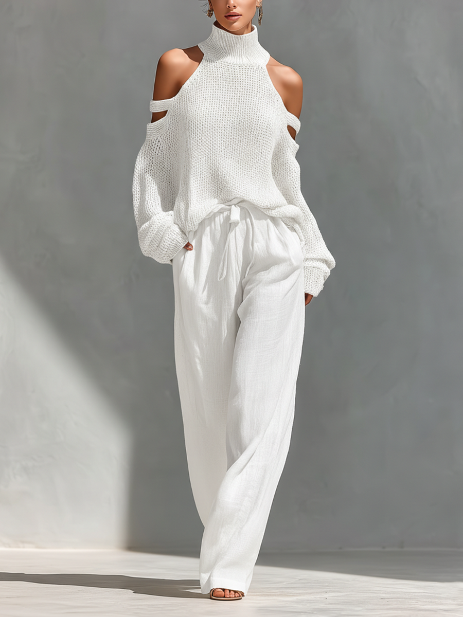 Beige Knit Fabric Cold-Shoulder Turtleneck Top & Wide-Leg Trousers Set Women UK – Smart Casual Holiday Outfit, Brunch