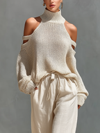 Beige Knit Fabric Cold-Shoulder Turtleneck Top & Wide-Leg Trousers Set Women UK – Smart Casual Holiday Outfit, Brunch