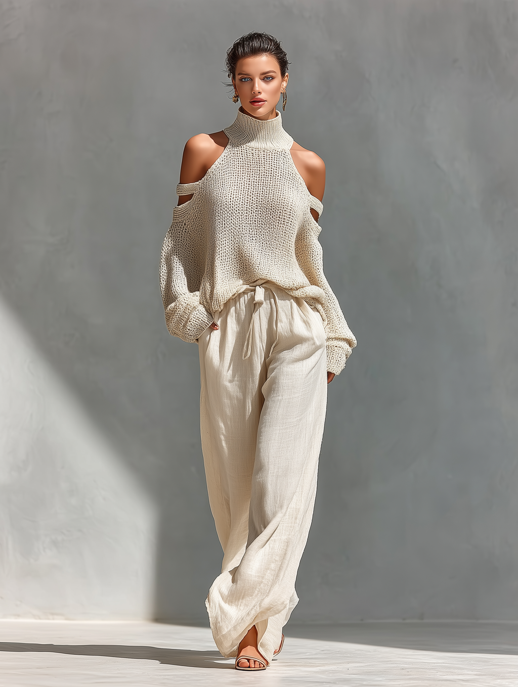 Beige Knit Fabric Cold-Shoulder Turtleneck Top & Wide-Leg Trousers Set Women UK – Smart Casual Holiday Outfit, Brunch