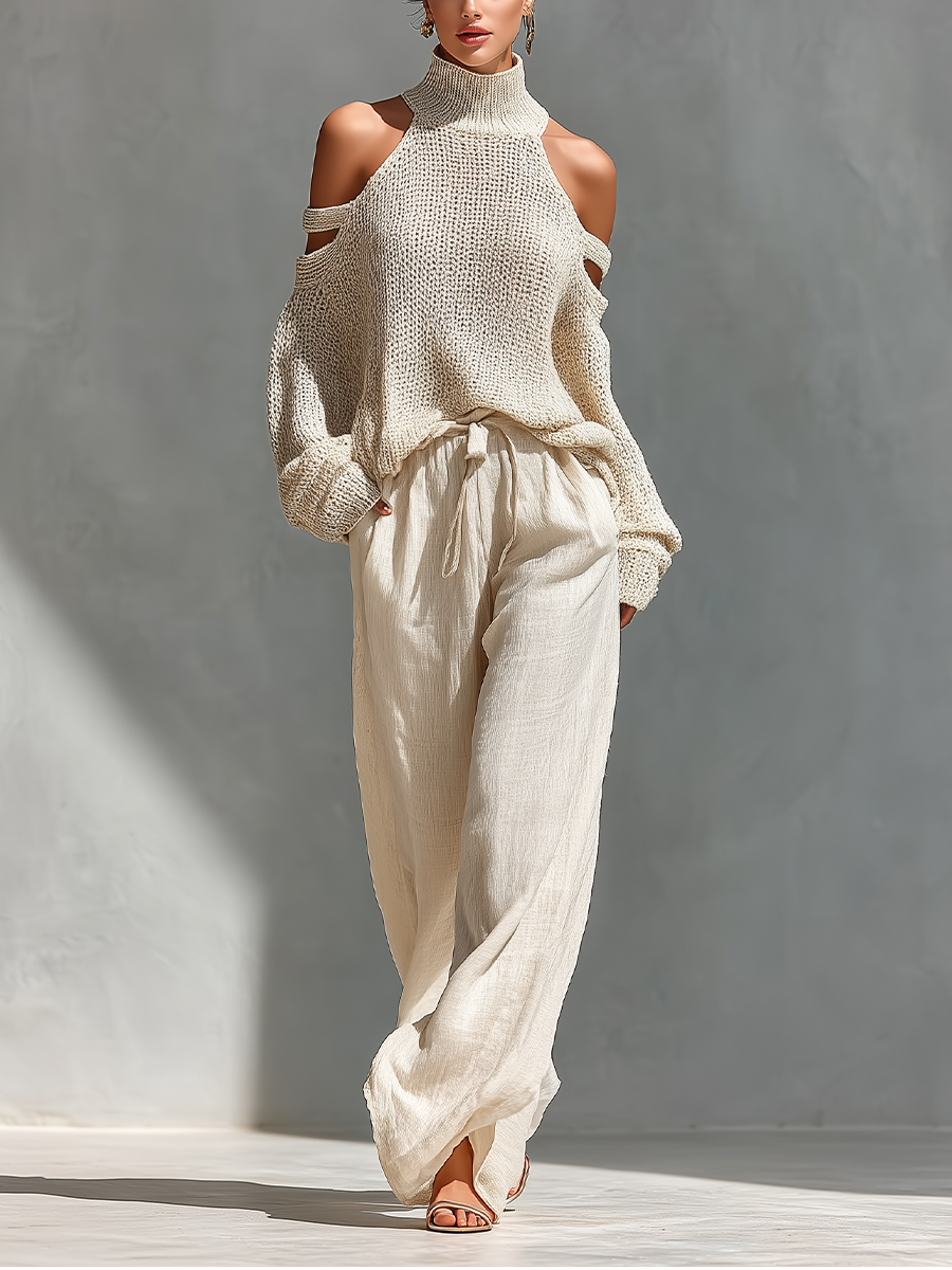 Beige Knit Fabric Cold-Shoulder Turtleneck Top & Wide-Leg Trousers Set Women UK – Smart Casual Holiday Outfit, Brunch