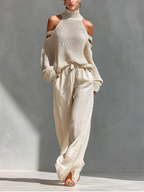 Beige Knit Fabric Cold-Shoulder Turtleneck Top & Wide-Leg Trousers Set Women UK – Smart Casual Holiday Outfit, Brunch