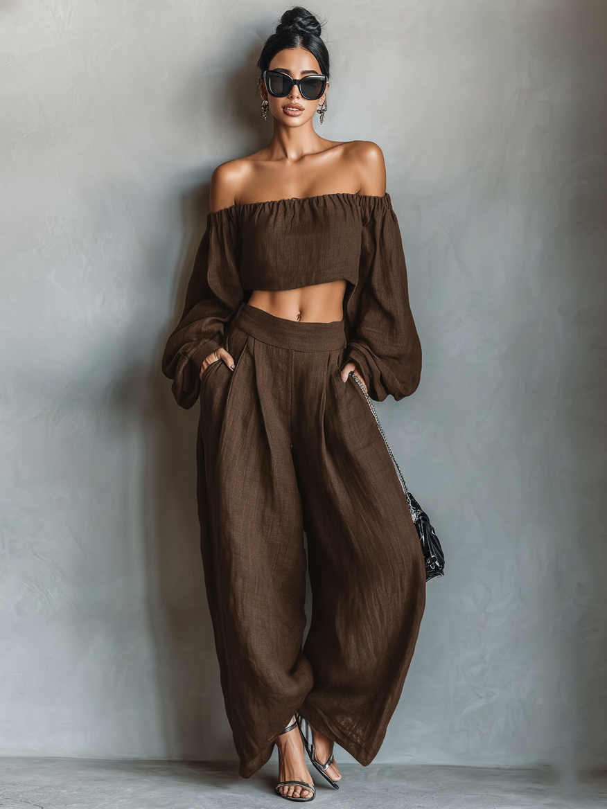 Beige Linen Blend Strapless Blouse and Wide-leg Trousers Set Women UK – Summer Outfit Brunch Holiday Outfit