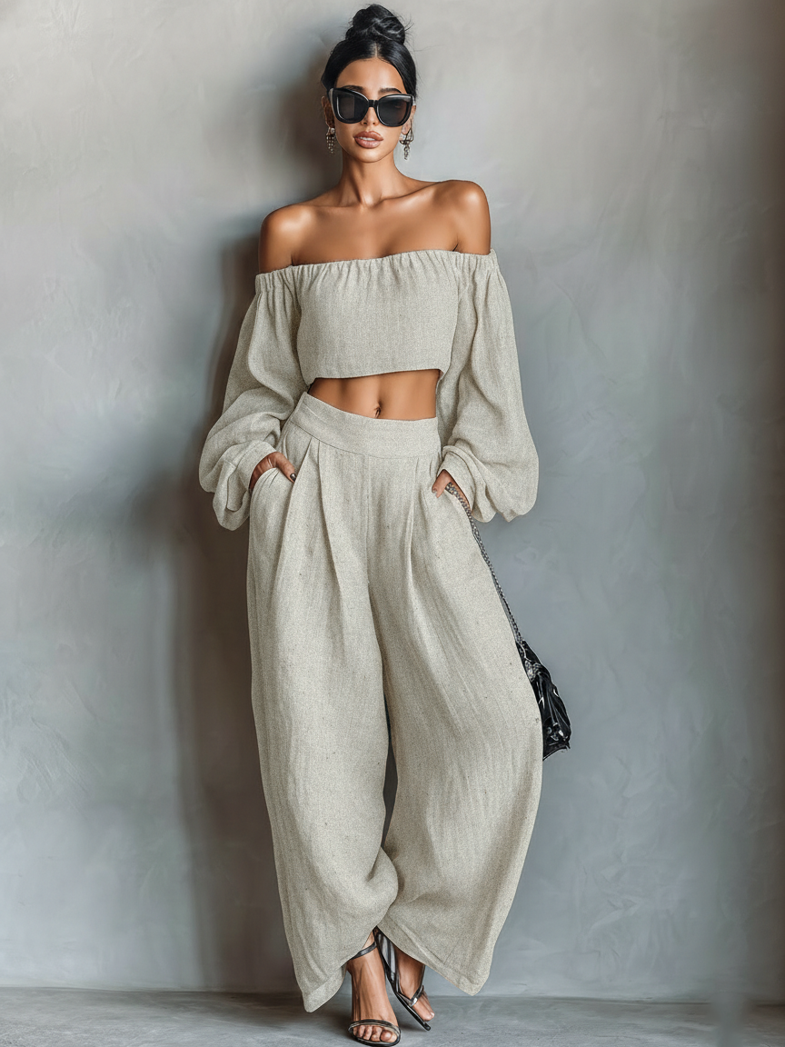 Beige Linen Blend Strapless Blouse and Wide-leg Trousers Set Women UK – Summer Outfit Brunch Holiday Outfit