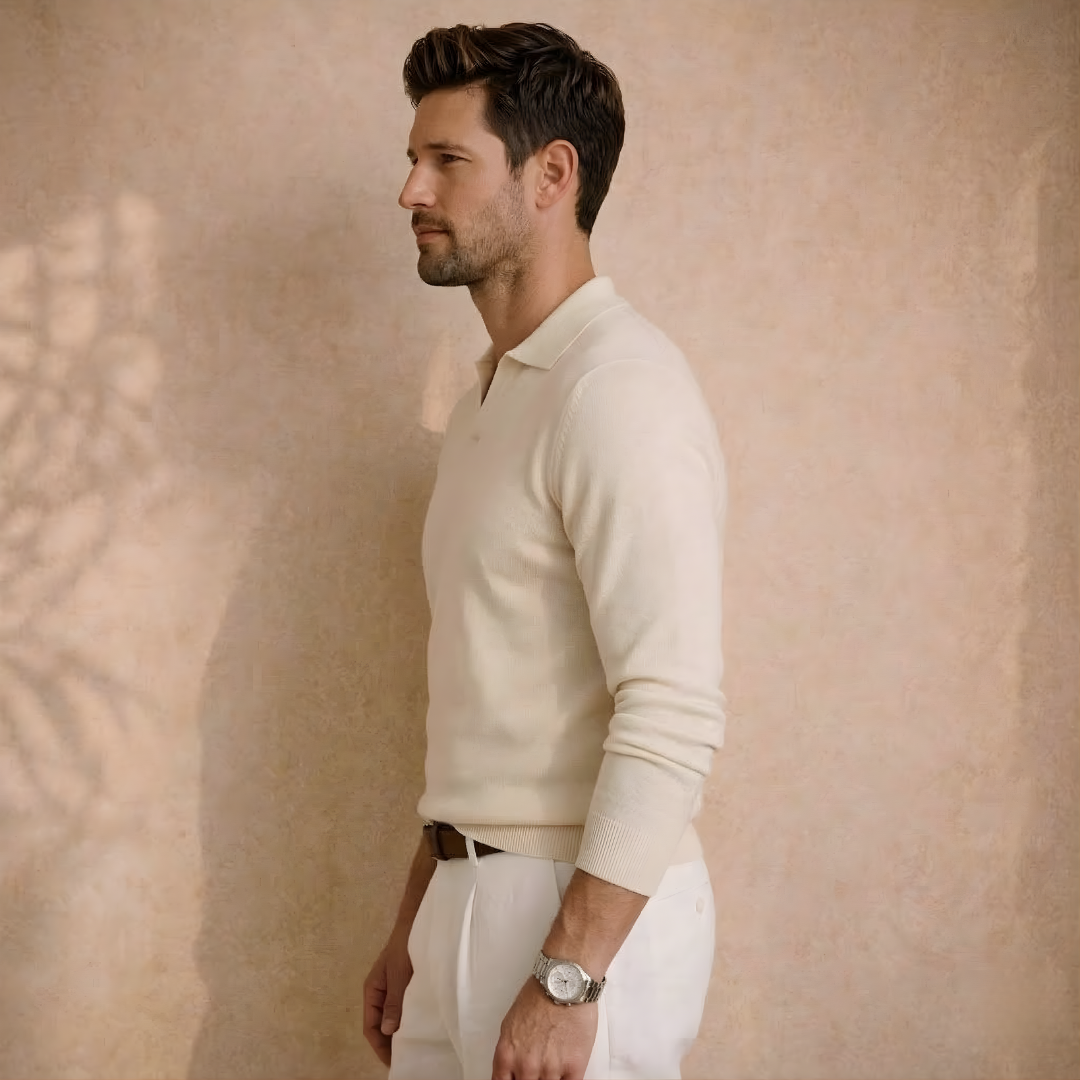 Beige Long Sleeve Knit Polo Shirt for Men - Casual Wear, Comfortable Fit