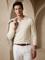 Beige Long Sleeve Knit Polo Shirt for Men - Casual Wear, Comfortable Fit