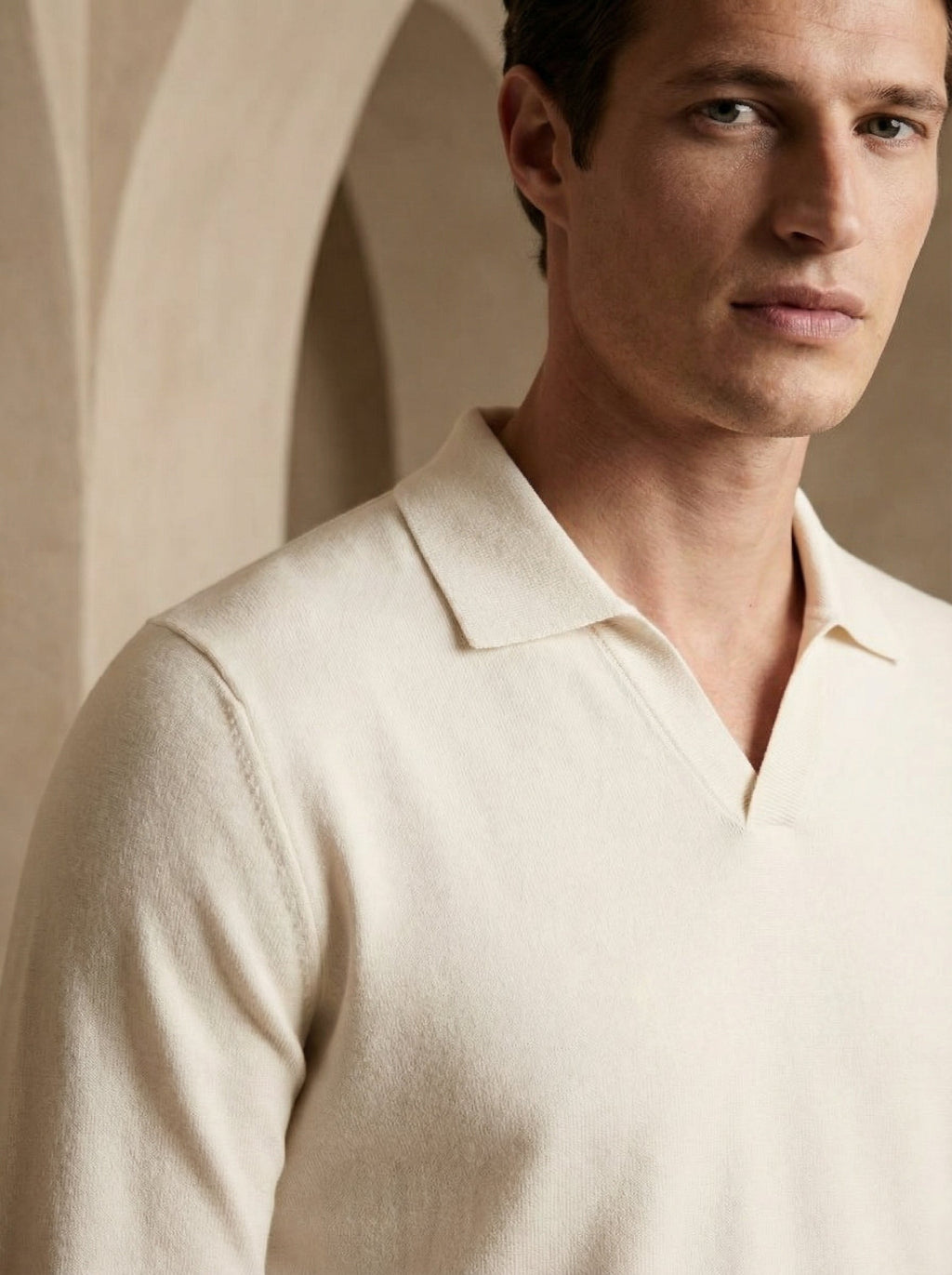 Beige Long Sleeve Knit Polo Shirt for Men - Casual Wear, Comfortable Fit