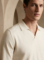 Beige Long Sleeve Knit Polo Shirt for Men - Casual Wear, Comfortable Fit