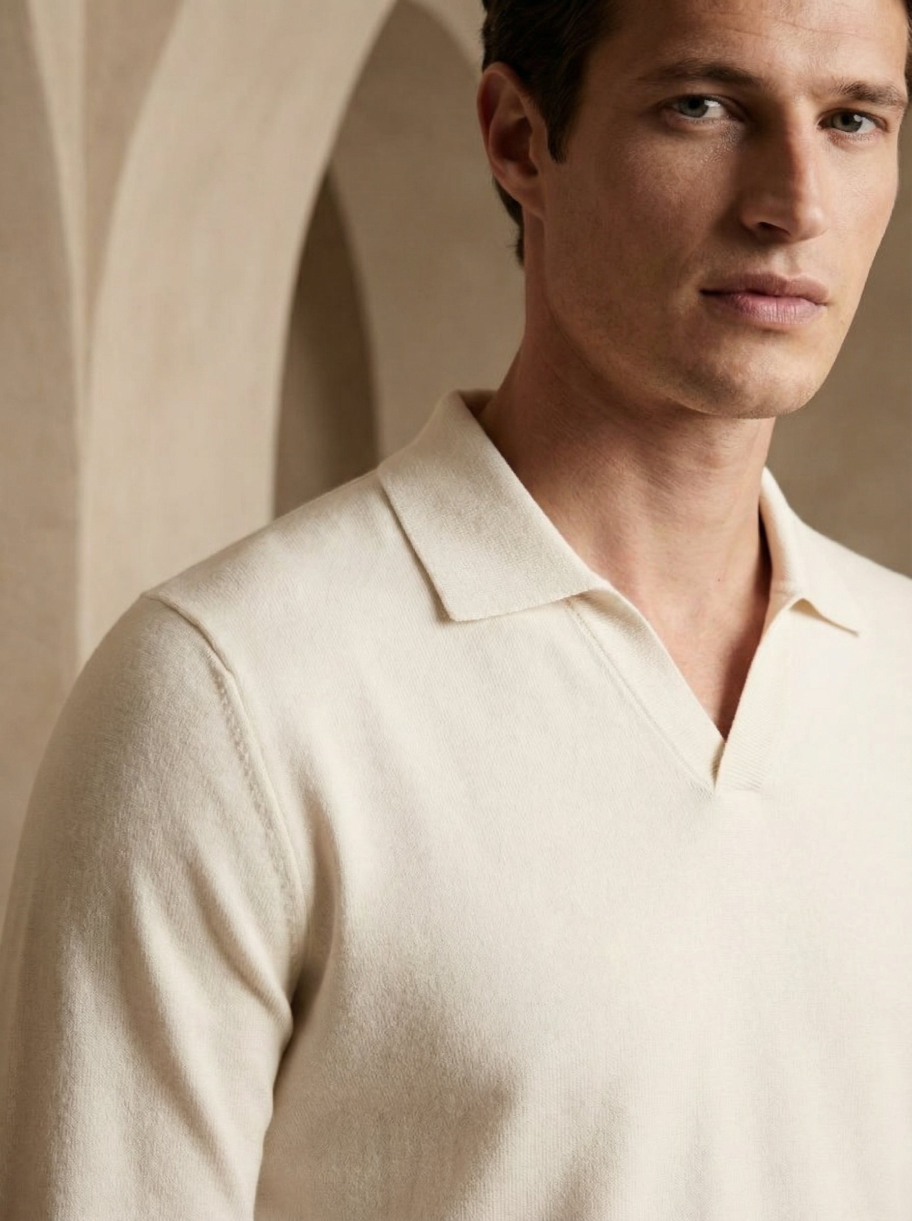 Beige Long Sleeve Knit Polo Shirt for Men - Casual Wear, Comfortable Fit