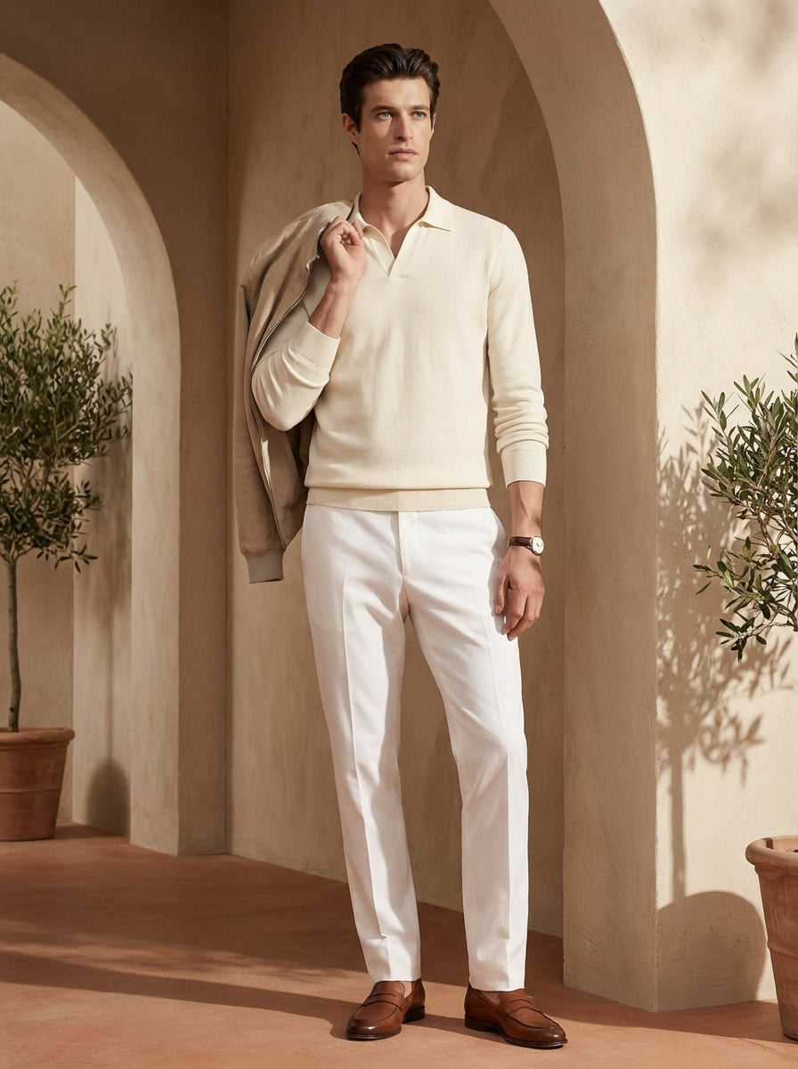 Beige Long Sleeve Knit Polo Shirt for Men - Casual Wear, Comfortable Fit