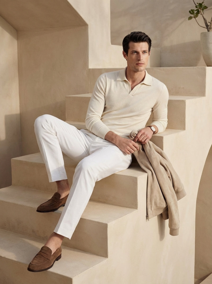 Beige Long Sleeve Knit Polo Shirt for Men - Casual Wear, Comfortable Fit