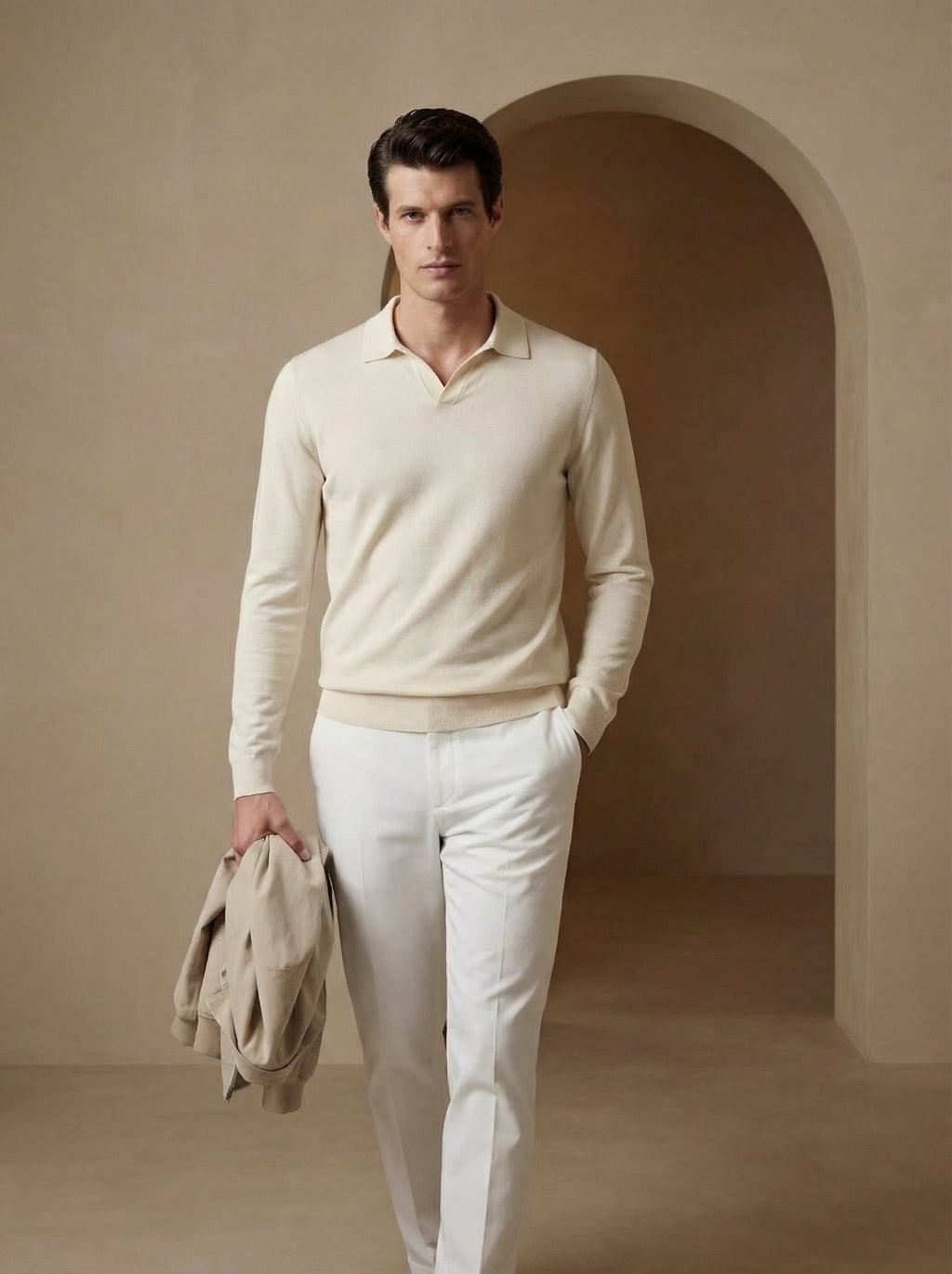 Beige Long Sleeve Knit Polo Shirt for Men - Casual Wear, Comfortable Fit