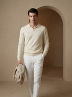 Beige Long Sleeve Knit Polo Shirt for Men - Casual Wear, Comfortable Fit