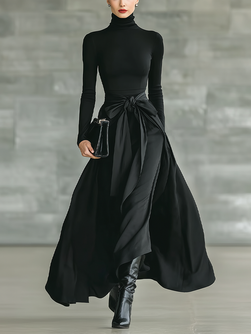Black High-Neck High-Stretch Knitted and Satin Flared Maxi Dress Women UK – Wedding Guest Garden Party Evening Gown