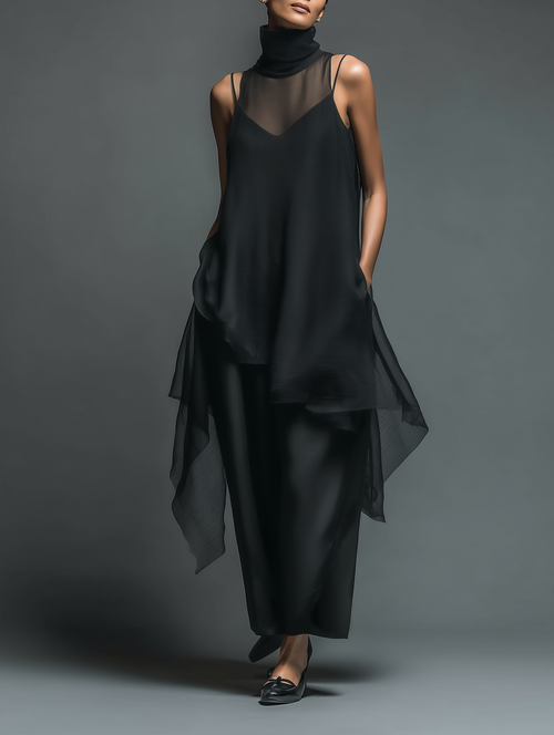 Black Imitation Acetate Slip Dress Women UK – Minimalist Maxi Dress with Chiffon Overlay, Wedding Guest Cocktail