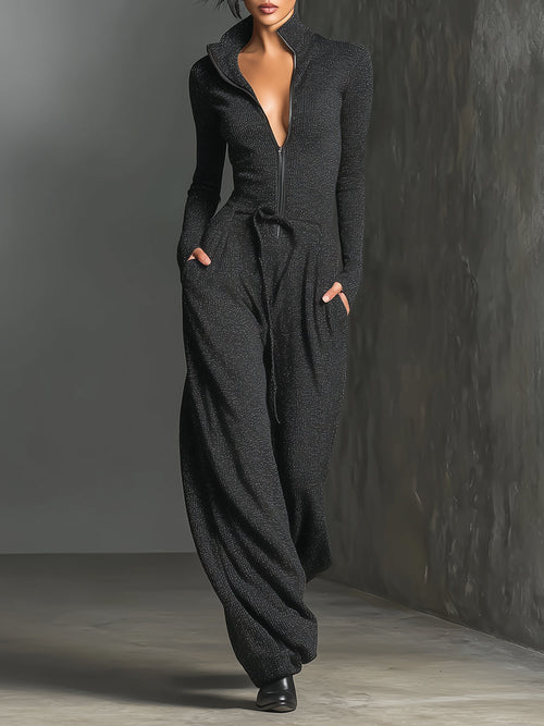 Black Knit Jumpsuit for Women UK – Sparkling Zipper Front, Smart Casual Holiday Wear