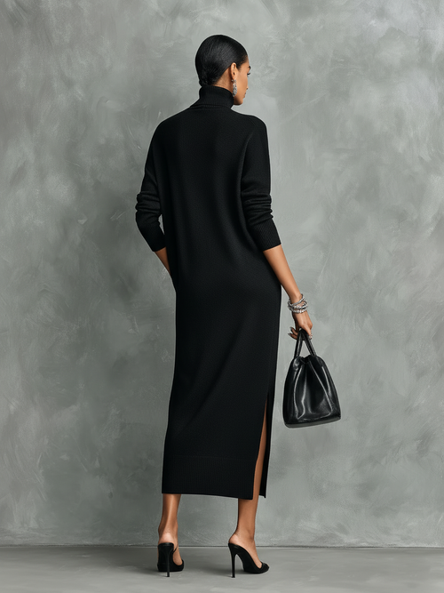 Black Knitted Turtleneck Midi Dress Women UK – Loose-fitting Long-sleeved Dress, Cocktail & Evening Gown