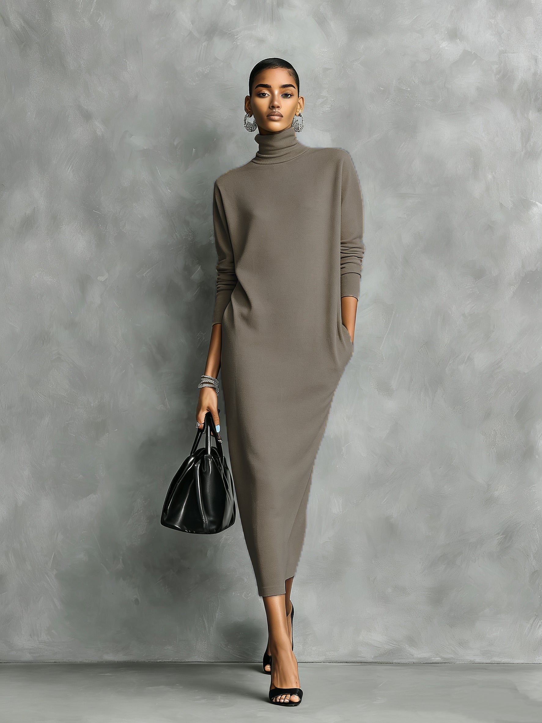 Black Knitted Turtleneck Midi Dress Women UK – Loose-fitting Long-sleeved Dress, Cocktail & Evening Gown
