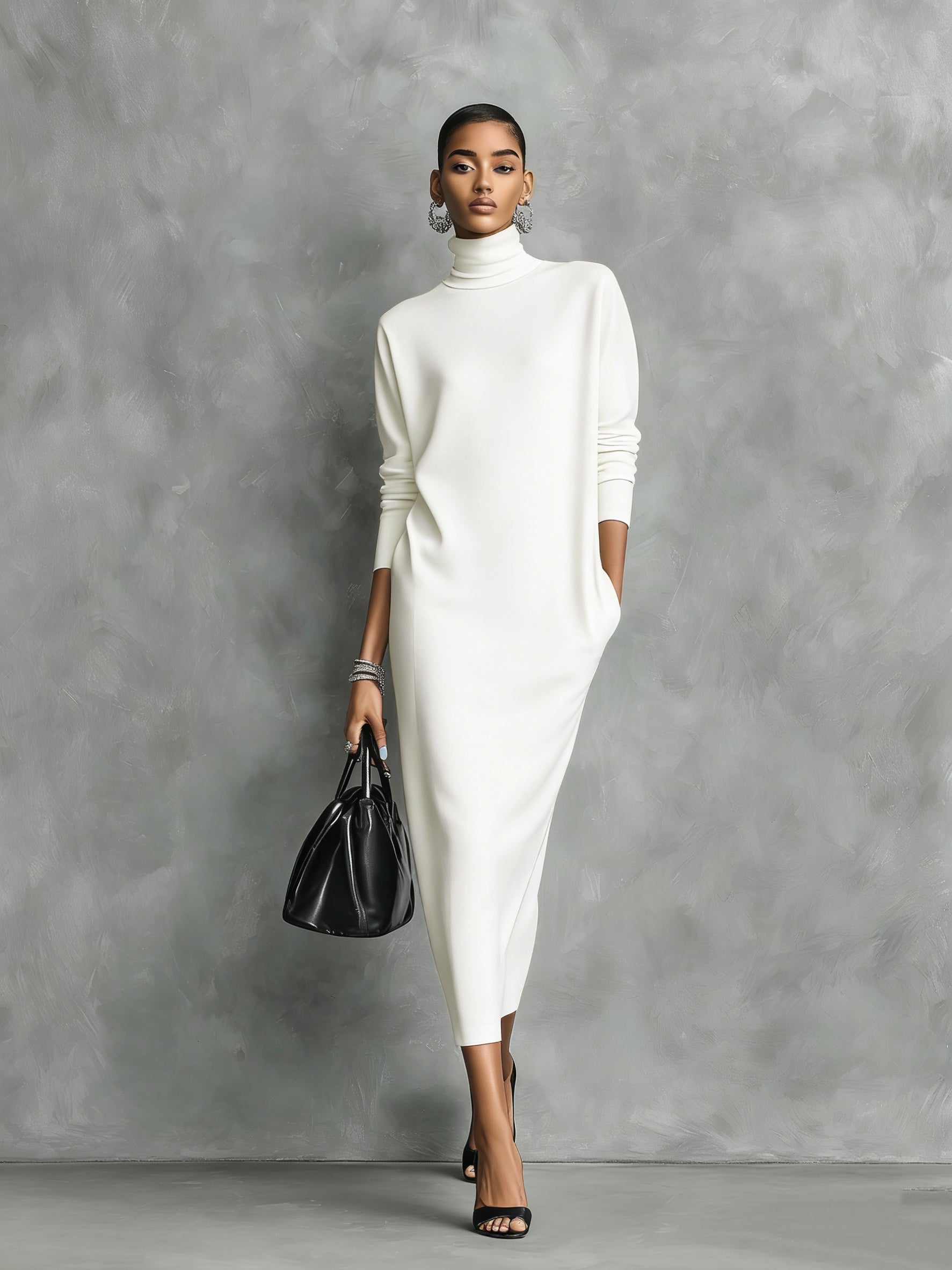 Black Knitted Turtleneck Midi Dress Women UK – Loose-fitting Long-sleeved Dress, Cocktail & Evening Gown