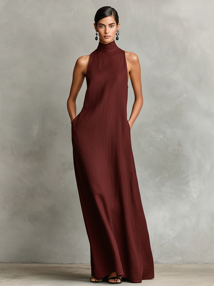 Black Linen-Blend Maxi Dress Women UK – Timeless Minimalist Casual Dress, Garden Party & Resort Holiday