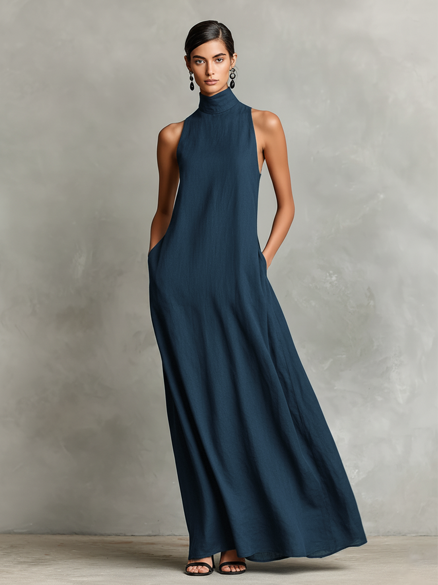 Black Linen-Blend Maxi Dress Women UK – Timeless Minimalist Casual Dress, Garden Party & Resort Holiday
