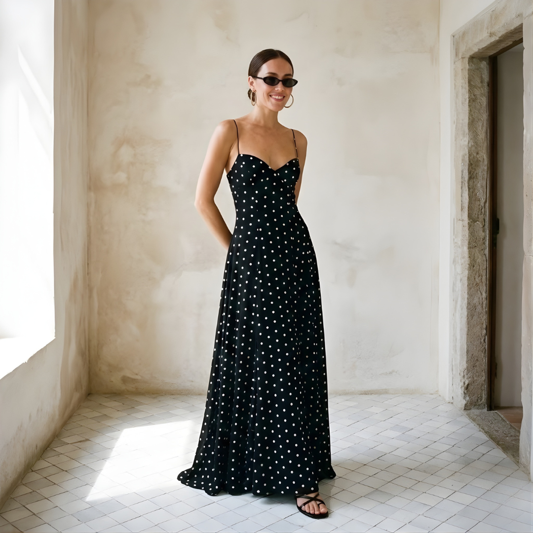 Black Polka Dot Maxi Dress for Wedding Guests - Elegant and Comfortable Design
