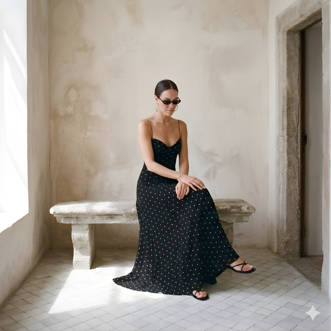 Black Polka Dot Maxi Dress for Wedding Guests - Elegant and Comfortable Design