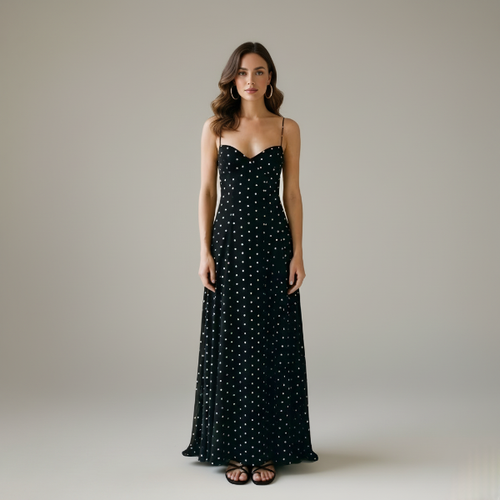 Black Polka Dot Maxi Dress for Wedding Guests - Elegant and Comfortable Design