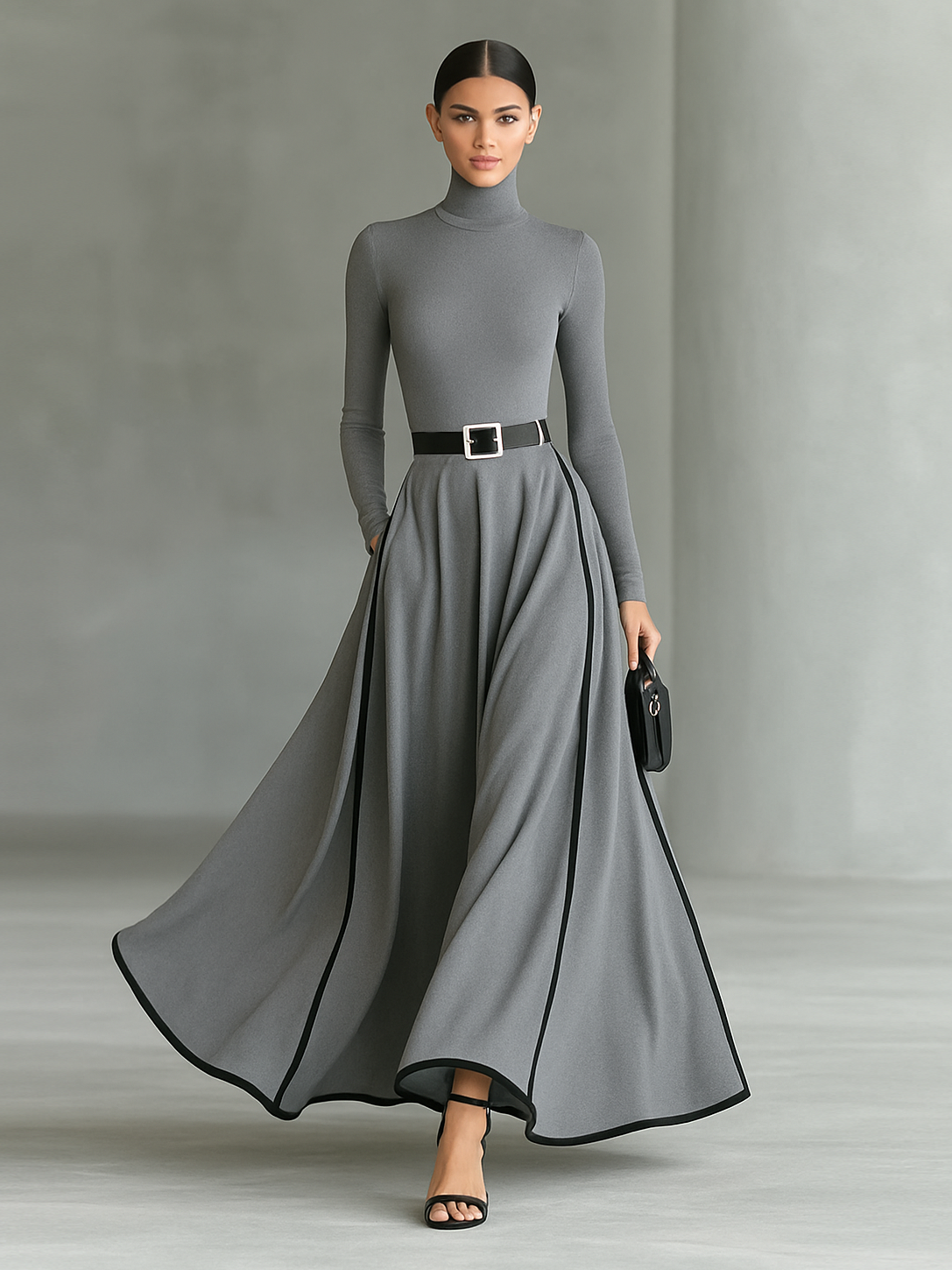 Black Stitching White Trim High Collar Long Sleeve Maxi Dress Women UK – Wedding Guest, Evening Gown